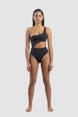 Woman wearing a black swimsuit on a white background