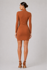 Woman wearing a brown dress on a plain background