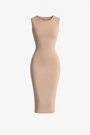 Beige sleeveless dress on a white background