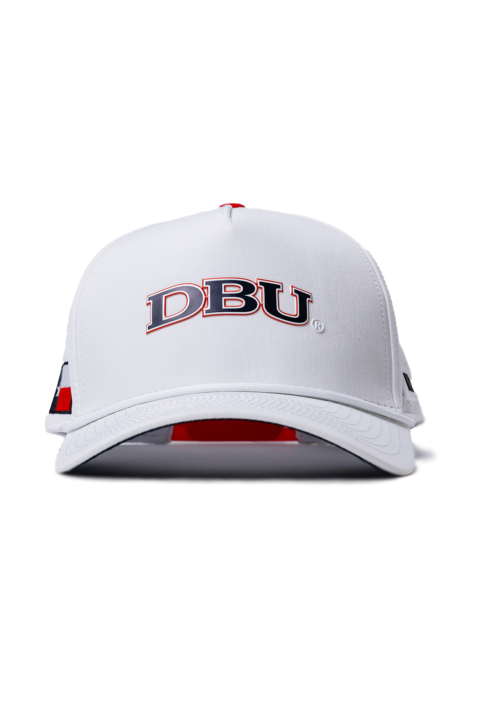 The No Rivals DBU Gameday Hat is a white baseball cap with bold red and black DBU lettering on the front and a Snap Back Adjustment for a customized fit. Shown front-facing on a plain white background.