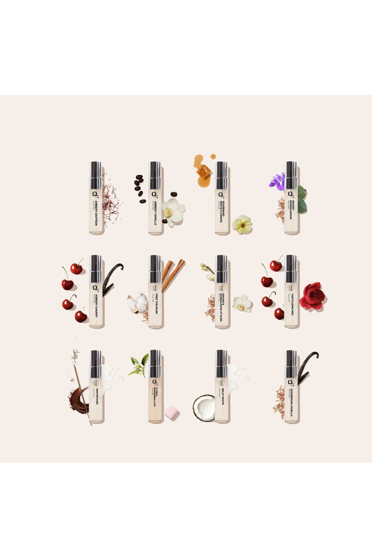 Multiple small bottles with floral and fruit decorations on a light background