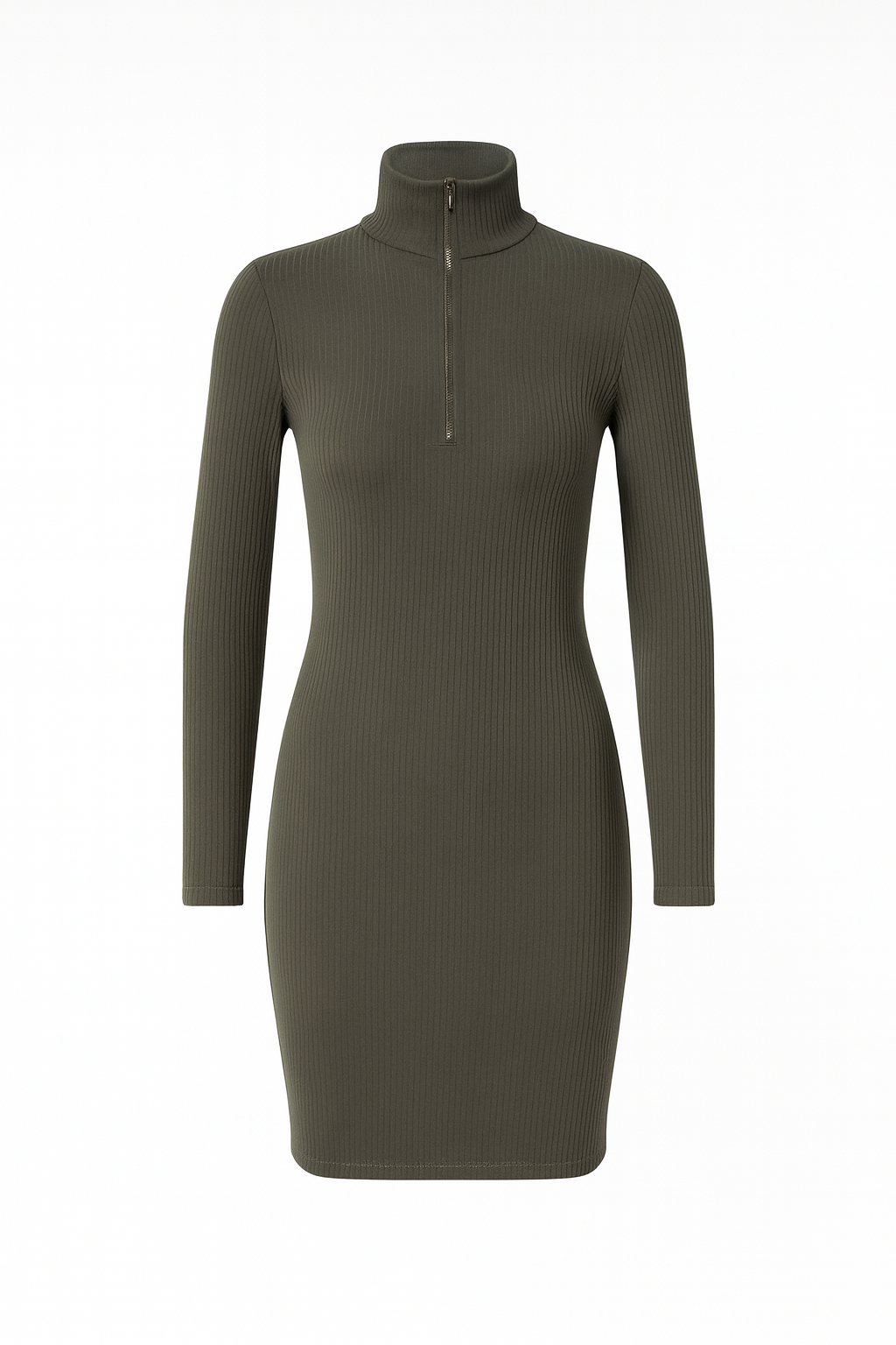 Green ribbed dress with a zipper on a white background