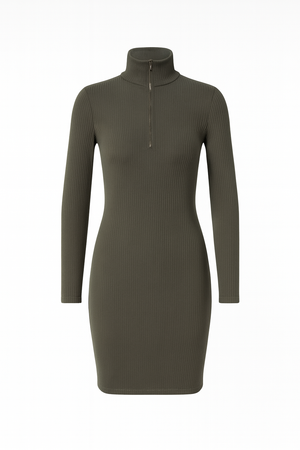 Green ribbed dress with a zipper on a white background