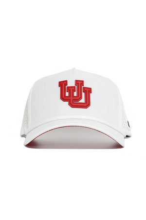 The No Rivals Utah Utes Gameday Hat features a white design, red interlocking U logo, ventilation holes, curved brim with red underside, and an adjustable snap back—ideal for showing your team spirit on gameday.
