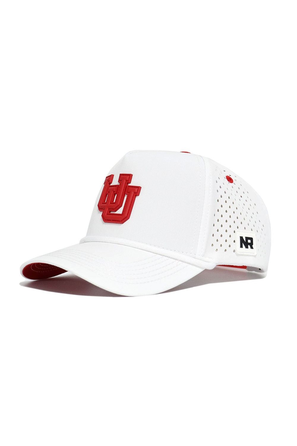 The Utah Utes Gameday Hat by No Rivals features a white design, red University of Utah UU logo, red accents, perforated side panels, and a small NR logo—making it your perfect officially licensed gameday accessory.