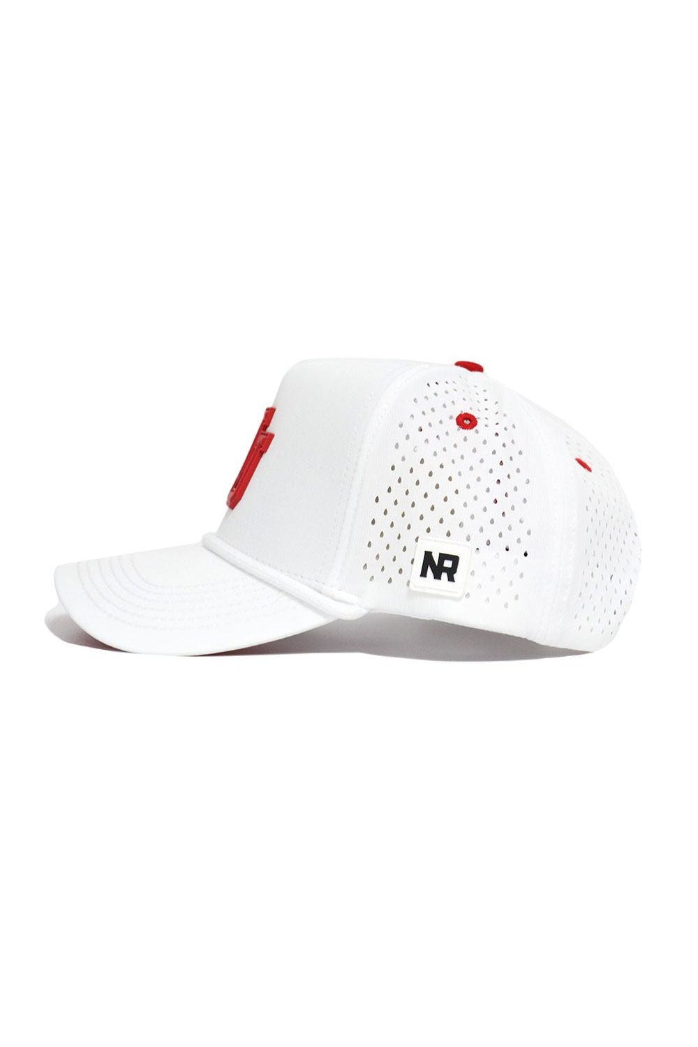 The Utah Utes Gameday Hat by No Rivals is a white baseball cap with red stitching and vent holes, a black NR logo patch on the side, perforations for ventilation, and an adjustable snap back for a comfortable fit.