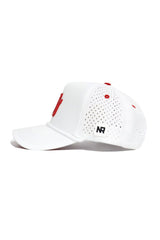 The Utah Utes Gameday Hat by No Rivals is a white baseball cap with red stitching and vent holes, a black NR logo patch on the side, perforations for ventilation, and an adjustable snap back for a comfortable fit.