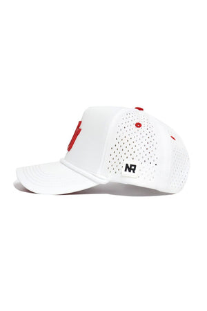 The Utah Utes Gameday Hat by No Rivals is a white baseball cap with red stitching and vent holes, a black NR logo patch on the side, perforations for ventilation, and an adjustable snap back for a comfortable fit.