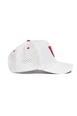 The No Rivals Utah Utes Gameday Hat is a white snapback baseball cap with a curved brim, side panel perforations, and red accents including a small logo and top button, displayed against a white background.