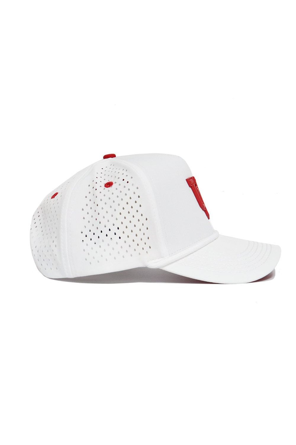 The No Rivals Utah Utes Gameday Hat is a white snapback baseball cap with a curved brim, side panel perforations, and red accents including a small logo and top button, displayed against a white background.