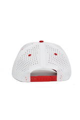 The image shows the back view of the Utah Utes Gameday Hat by No Rivals, a white cap with red eyelets, a red adjustable snapback strap, and perforated holes for ventilation—perfect for your gameday look.