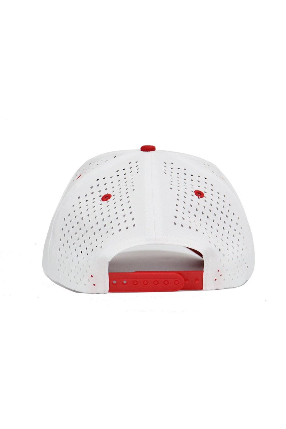 The image shows the back view of the Utah Utes Gameday Hat by No Rivals, a white cap with red eyelets, a red adjustable snapback strap, and perforated holes for ventilation—perfect for your gameday look.