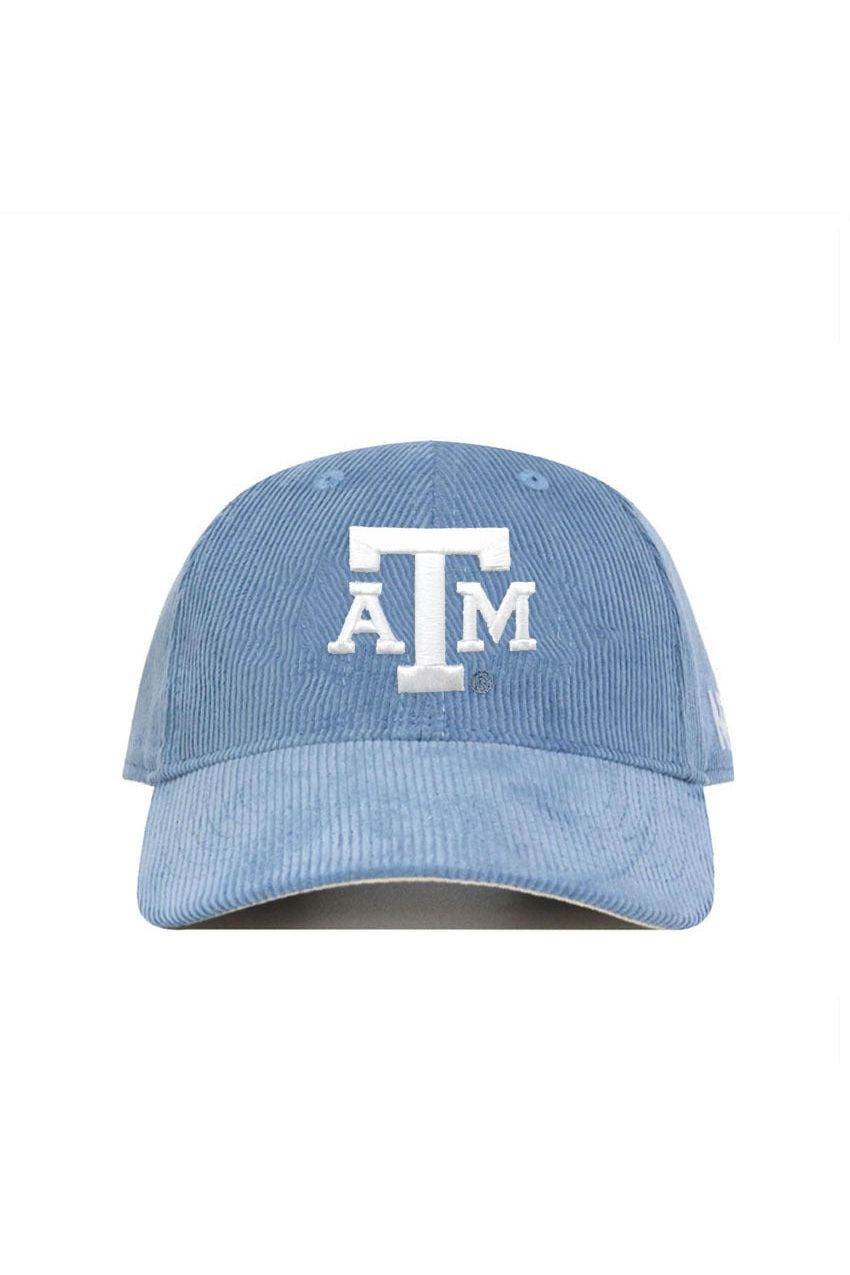 The Texas A&M Corduroy Hat - Unstructured - Sky Blue from No Rivals' Spring Showers Collection features a white ATM logo embroidered on the front, an adjustable strap, and is photographed against a white background.