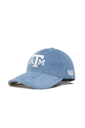 Introducing the Texas A&M Corduroy Hat - Unstructured - Sky Blue from the Spring Showers Collection by No Rivals. This unstructured six-panel baseball cap features soft blue corduroy, bold white ATM lettering on the front, and "NR" embroidered on the side. Designed with an adjustable strap for a customizable fit, it’s pictured here against a clean white background.