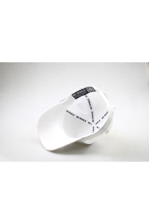 The Costal Carolina University Gameday Hat is shown upside down on a white surface, revealing inside bands with repeated black NO RIVALS text. The plain background highlights this stylish snap back—perfect for your gameday fit.