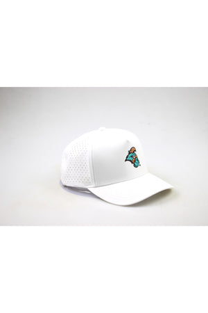 The Costal Carolina University Gameday Hat is a white snapback featuring small side ventilation holes and a vibrant, officially licensed embroidered teal and orange animal head logo on the front, perfect for your gameday look. Displayed against a plain white background.