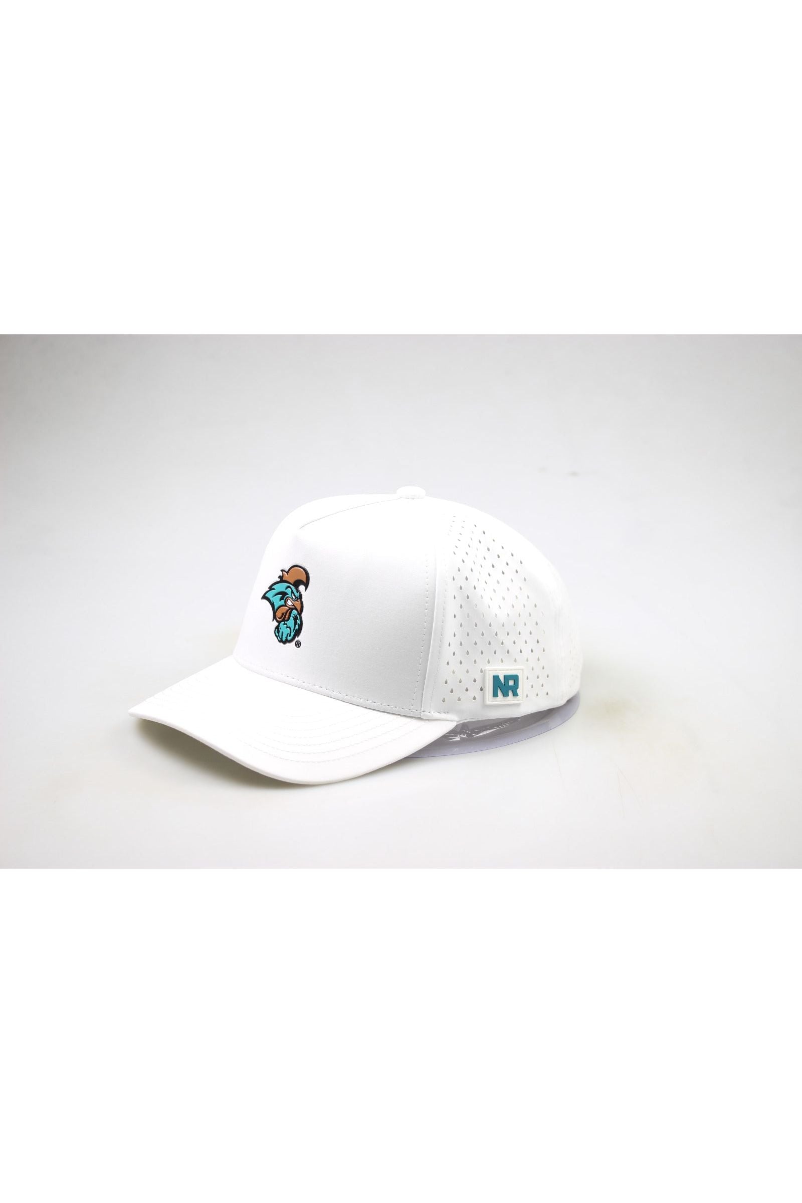 The Costal Carolina University Gameday Hat is a white snapback with perforated side panels, an embroidered blue and brown bird logo on the front, and a blue NR tag—officially licensed and shown on a plain white background.