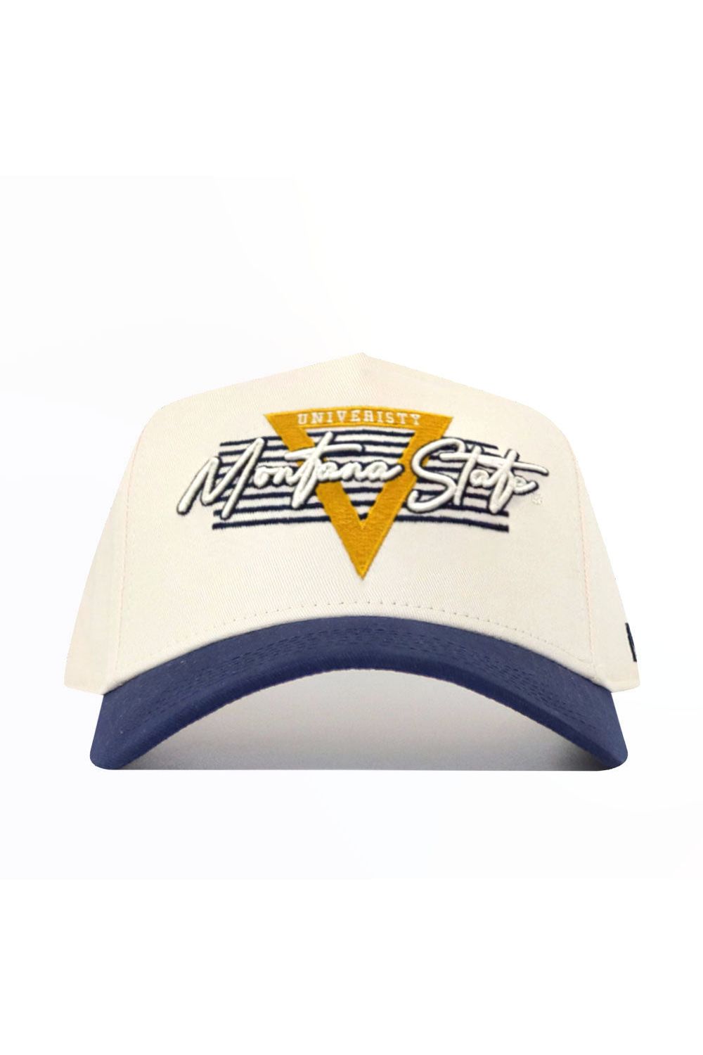The Montana State Triangle Game Cap Hat features a white and blue snapback design with the University of Montana State and a yellow triangle logo embroidered on the front. Made from high-quality cotton, it ensures a structured fit for lasting comfort and style.