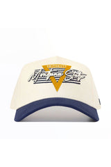 The Montana State Triangle Game Cap Hat features a white and blue snapback design with the University of Montana State and a yellow triangle logo embroidered on the front. Made from high-quality cotton, it ensures a structured fit for lasting comfort and style.