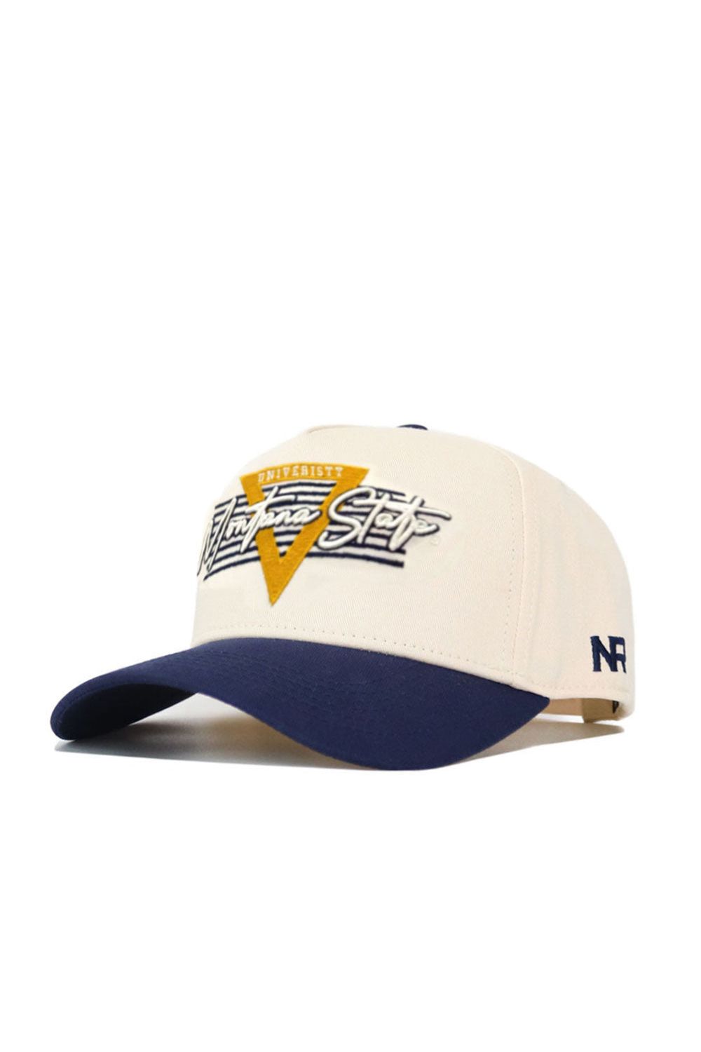The Montana State Triangle Game Cap Hat is a cream snapback with a navy brim, yellow triangle graphic, and “University Athletics” embroidered front. Made from high-quality cotton with a structured fit, it features NR lettering on the side.