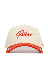 The No Rivals OSU Pokes ALOYO Hat is a cream structured fit snapback, made from premium cotton, with "Pokes" embroidered in red on the front and a red curved brim accented by white trim.