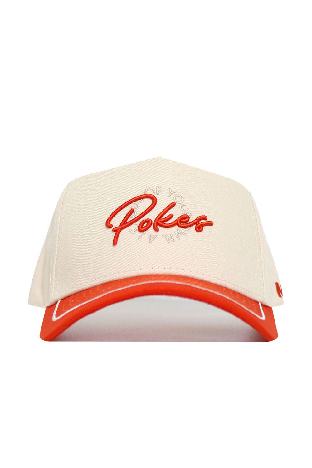 The No Rivals OSU Pokes ALOYO Hat is a cream structured fit snapback, made from premium cotton, with "Pokes" embroidered in red on the front and a red curved brim accented by white trim.