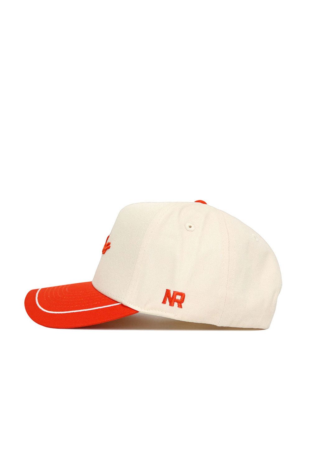 The OSU Pokes ALOYO Hat (B2B) by No Rivals is a white structured cotton cap with a red brim, red top button, white stitching on the brim, and "NR" initials stitched on the left side. This stylish snapback makes a standout statement.