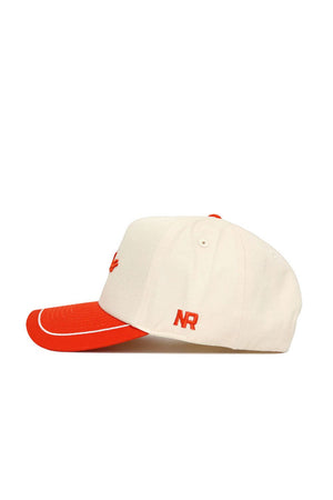 The OSU Pokes ALOYO Hat (B2B) by No Rivals is a white structured cotton cap with a red brim, red top button, white stitching on the brim, and "NR" initials stitched on the left side. This stylish snapback makes a standout statement.