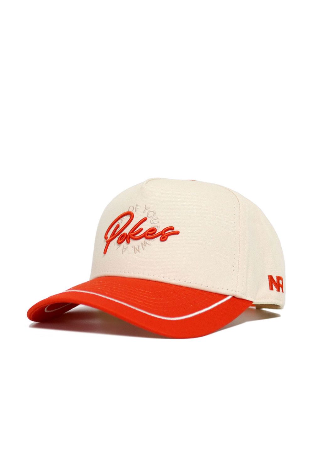 The No Rivals OSU Pokes ALOYO Hat (B2B) is a cream snapback with a red brim, white trim, "Pokes" embroidered in red on the front, and "NF" on the side. Made from high-quality cotton for a comfortable, structured fit.