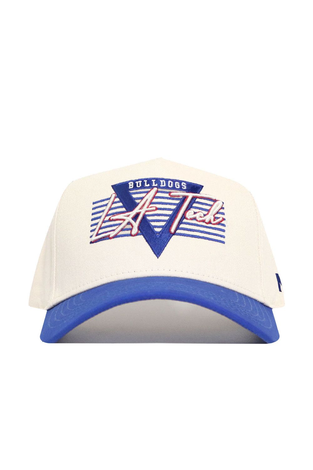 The No Rivals LA Tech Triangle Game Cap Hat is a white baseball cap with a blue brim, Bulldogs LA Tech logo in blue, red, and white, stripes and a bold V shape on the front, plus an easy snap back closure. Officially licensed design.