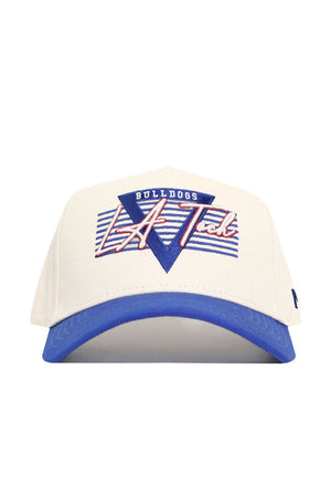 The No Rivals LA Tech Triangle Game Cap Hat is a white baseball cap with a blue brim, Bulldogs LA Tech logo in blue, red, and white, stripes and a bold V shape on the front, plus an easy snap back closure. Officially licensed design.