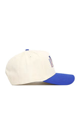 The No Rivals LA Tech Triangle Game Cap Hat features a white design with a blue curved brim, blue stitching, a structured fit for lasting shape, and an embroidered logo partially visible on the front. Side view shown.