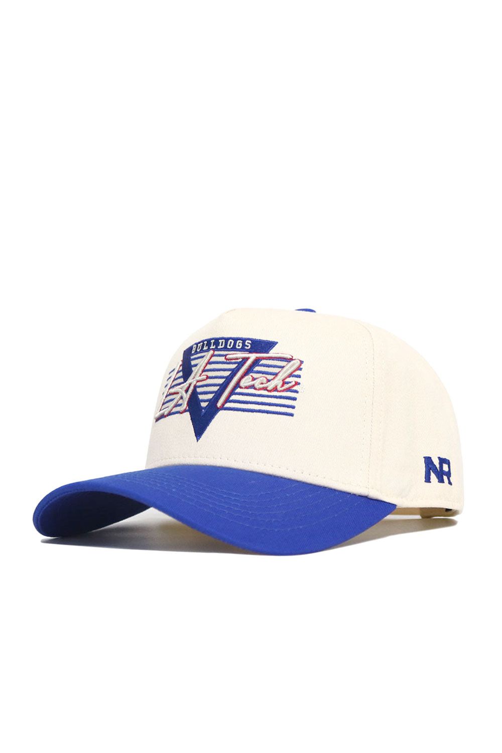 The No Rivals LA Tech Triangle Game Cap Hat is a white cap with a blue brim, featuring "Bulldogs V Tech" embroidered in blue, red, and white on the front and "NR" stitched in blue on the side. Officially licensed with a structured fit.