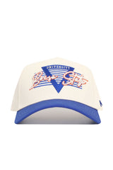 The No Rivals Boise State Triangle Game Cap Hat features a white and blue design, stylized Boise State University text, blue triangle detail, structured fit, snapback closure, and is officially licensed.