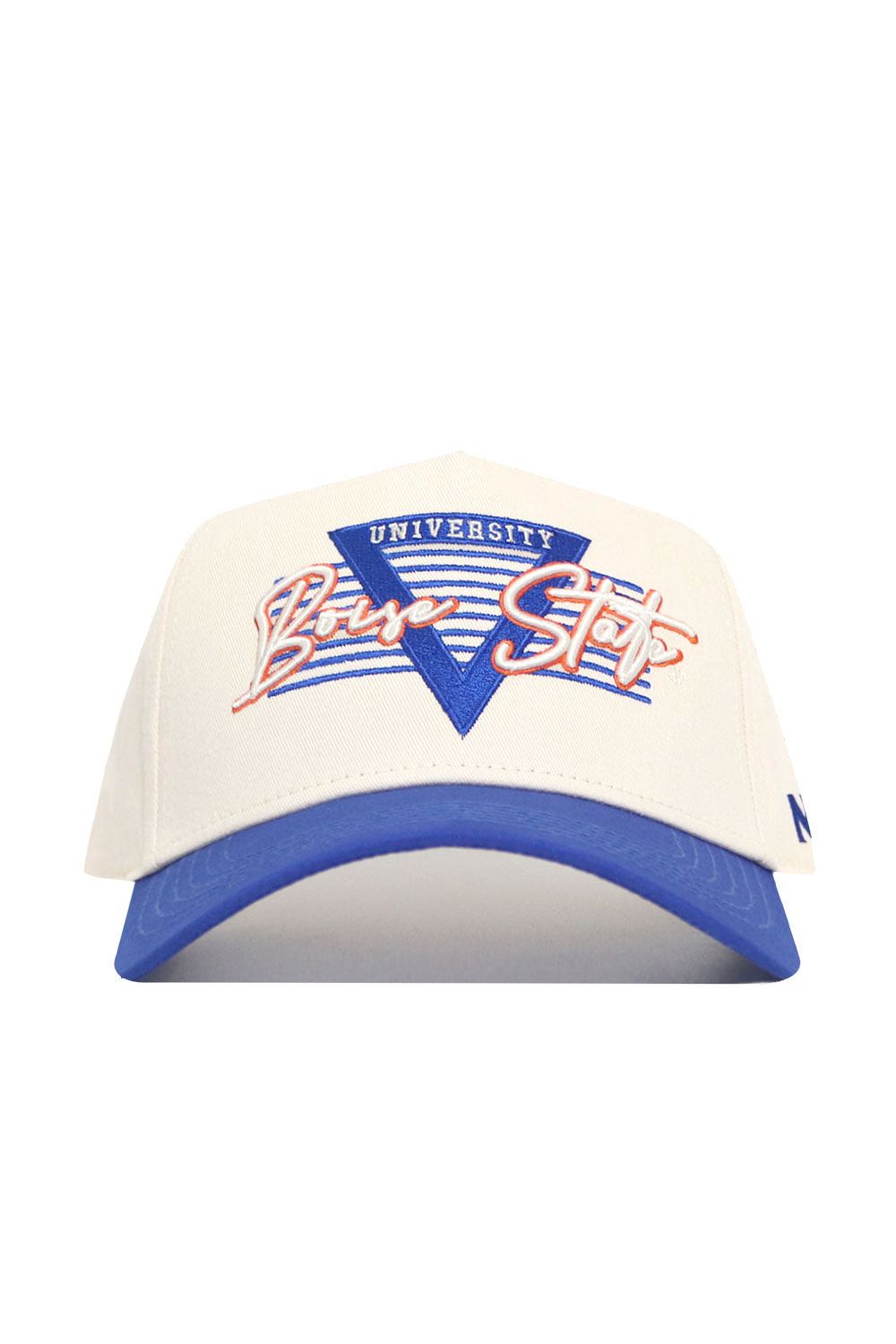 The No Rivals Boise State Triangle Game Cap Hat features a white and blue design, stylized Boise State University text, blue triangle detail, structured fit, snapback closure, and is officially licensed.