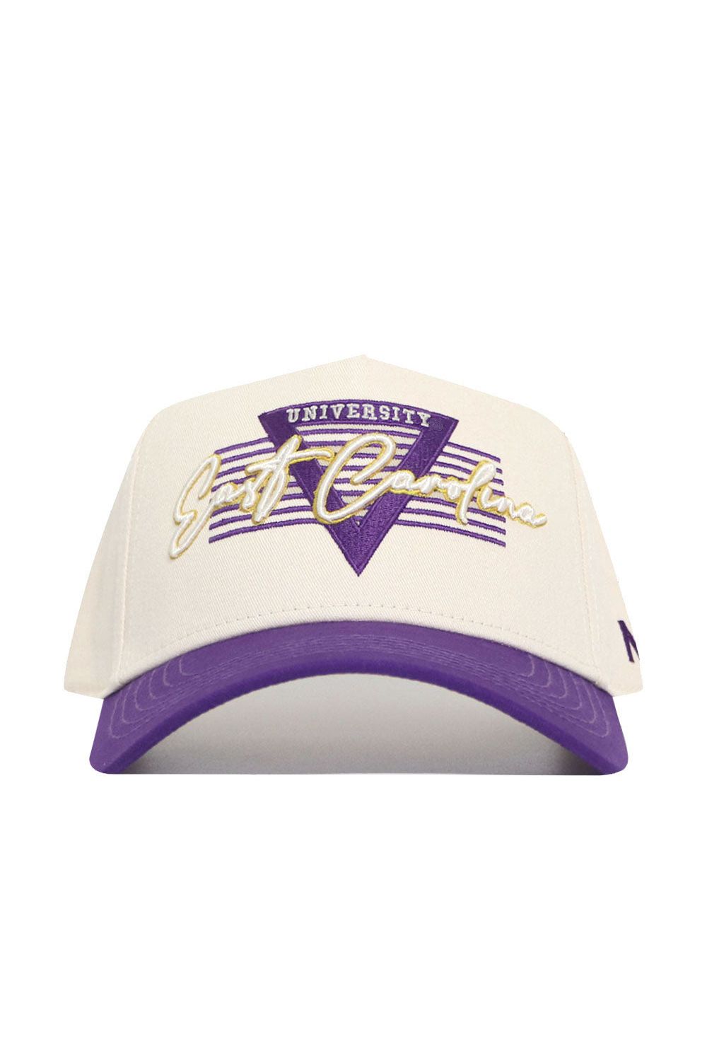 The No Rivals ECU Triangle Game Cap Hat is a white snapback with a purple brim, featuring a purple triangle and diagonal stripes, plus yellow and white "UNIVERSITY East Carolina" text. Structured fit, high-quality cotton for comfort.