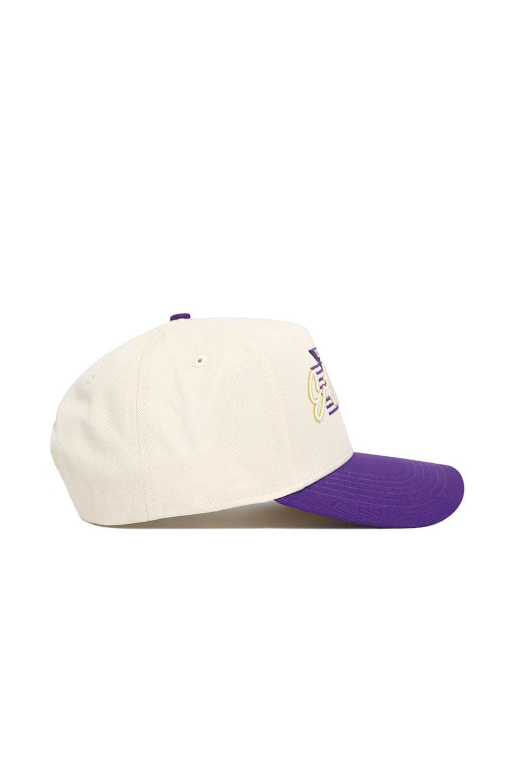 The No Rivals ECU Triangle Game Cap Hat features a cream snapback design with a purple brim, an embroidered purple and yellow logo on the front, high-quality cotton construction, and a structured fit for lasting comfort.