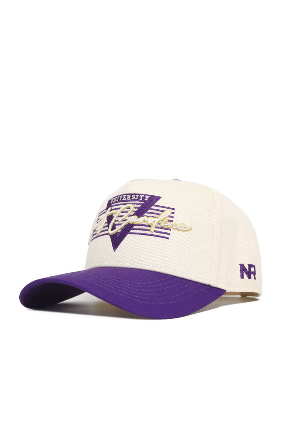The No Rivals ECU Triangle Game Cap Hat features a cream and purple snapback design with “University” and “Carolina” embroidered in gold and purple, “NR” on the side, and a solid purple bill. Made from high-quality cotton for a structured fit.