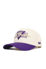 The No Rivals ECU Triangle Game Cap Hat features a cream and purple snapback design with “University” and “Carolina” embroidered in gold and purple, “NR” on the side, and a solid purple bill. Made from high-quality cotton for a structured fit.