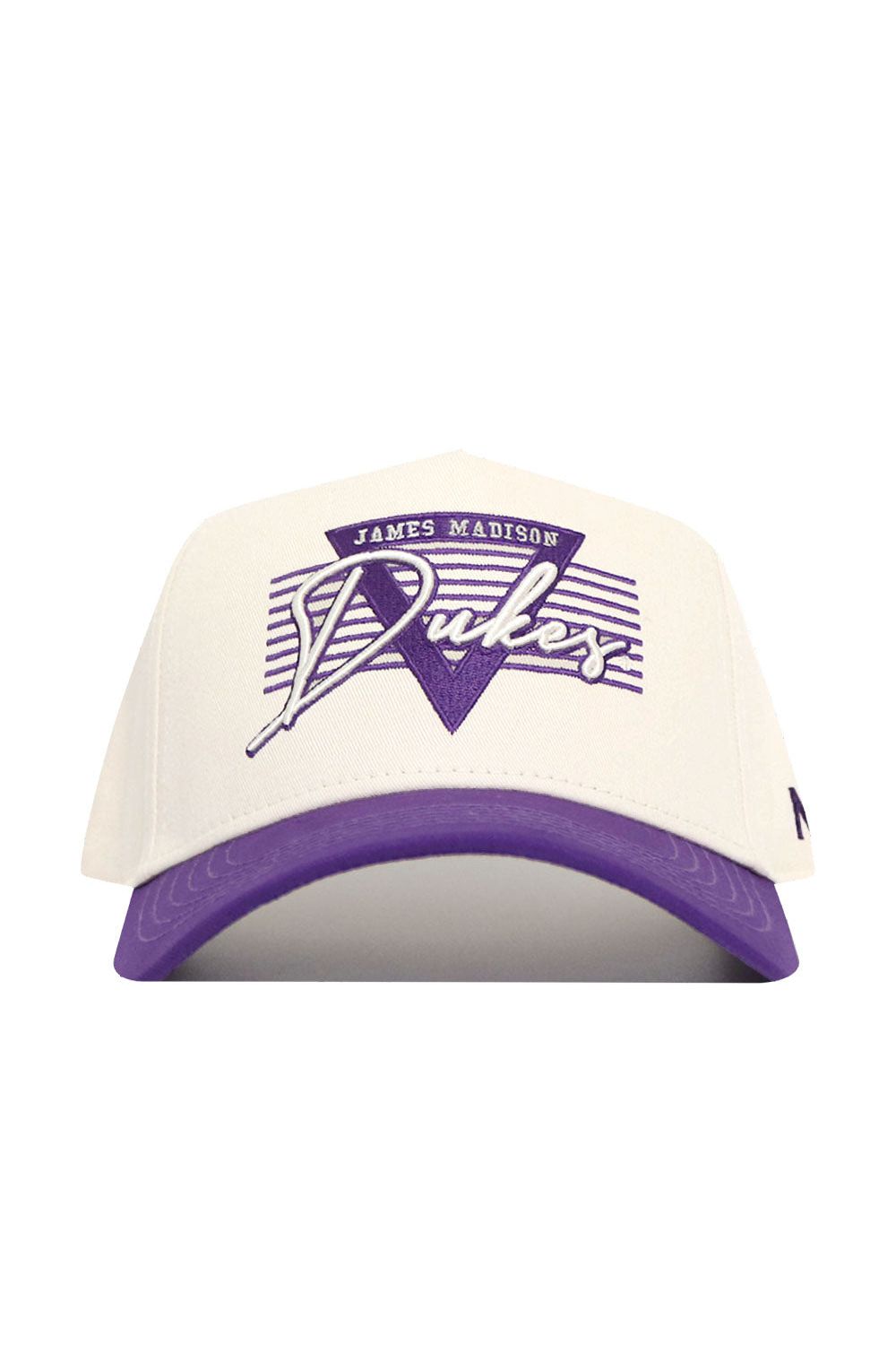 The No Rivals JMU Triangle Game Cap Hat is a white snapback with a purple brim, featuring bold James Madison Dukes graphics on the front. Made from high-quality cotton for a structured fit and lasting comfort.