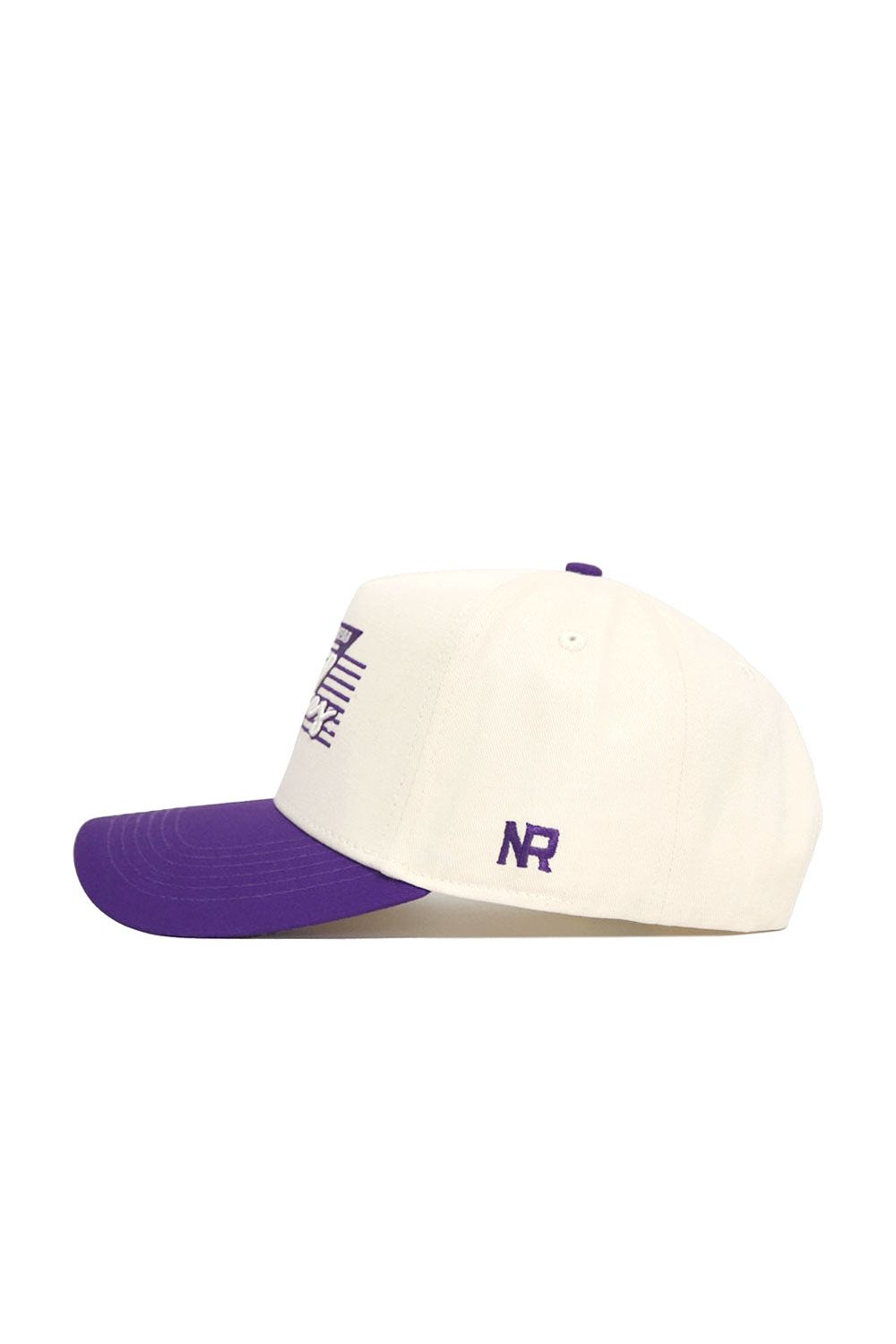 The No Rivals JMU Triangle Game Cap Hat is a white cotton snapback with a purple brim, top button, and NR initials embroidered on the side. It features a stylized purple graphic and text on the front in a structured fit.