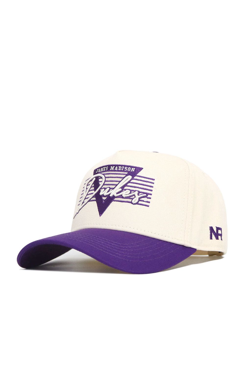 The JMU Triangle Game Cap Hat by No Rivals is a cream snapback with a purple brim, featuring James Madison Dukes graphics in purple and white on the front and "NR" embroidery on the side for a structured fit.