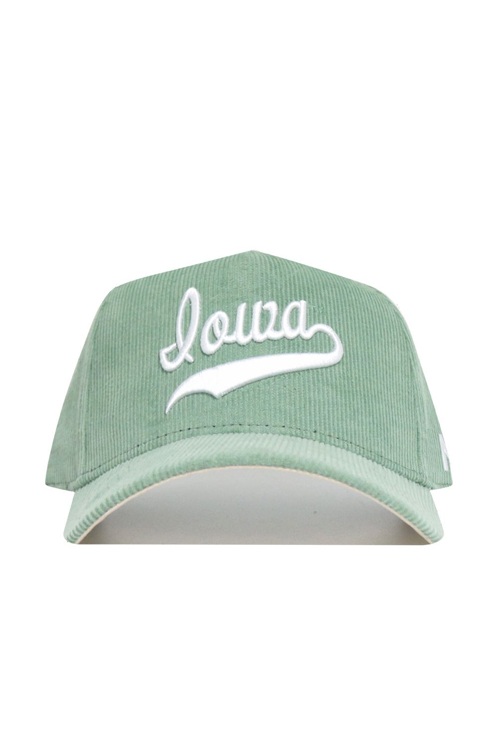 The No Rivals Iowa Corduroy Hat - Structured - Spring Green (B2B) is a light green snapback cap with "Iowa" embroidered in white cursive on the front.