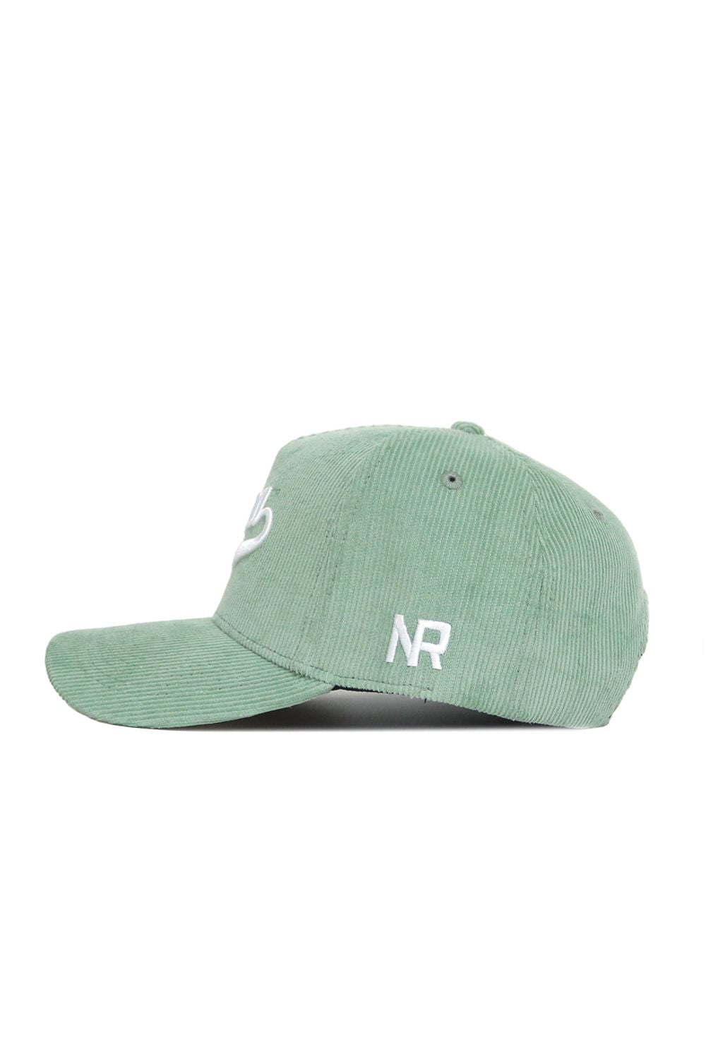 The No Rivals Iowa Corduroy Hat - Structured in Spring Green is a snapback baseball cap, shown from the side, with white embroidered NR initials near the back and part of a white logo on the front.