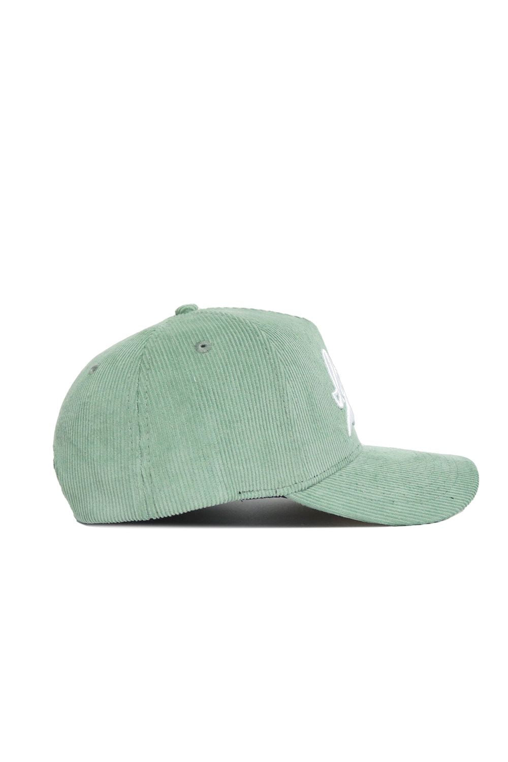 The No Rivals Iowa Corduroy Hat - Structured - Spring Green (B2B) is shown from the side on a white background, featuring a structured design, curved brim, and visible white stitching.