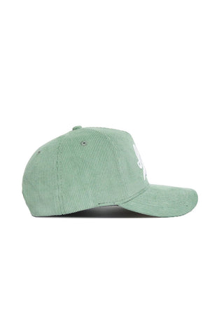 The No Rivals Iowa Corduroy Hat - Structured - Spring Green (B2B) is shown from the side on a white background, featuring a structured design, curved brim, and visible white stitching.