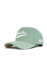 The No Rivals Iowa Corduroy Hat - Structured - Spring Green (B2B) is a light green snapback cap with "Alohaa" and "NR" embroidered in white, featuring a curved brim and adjustable back strap for comfort.