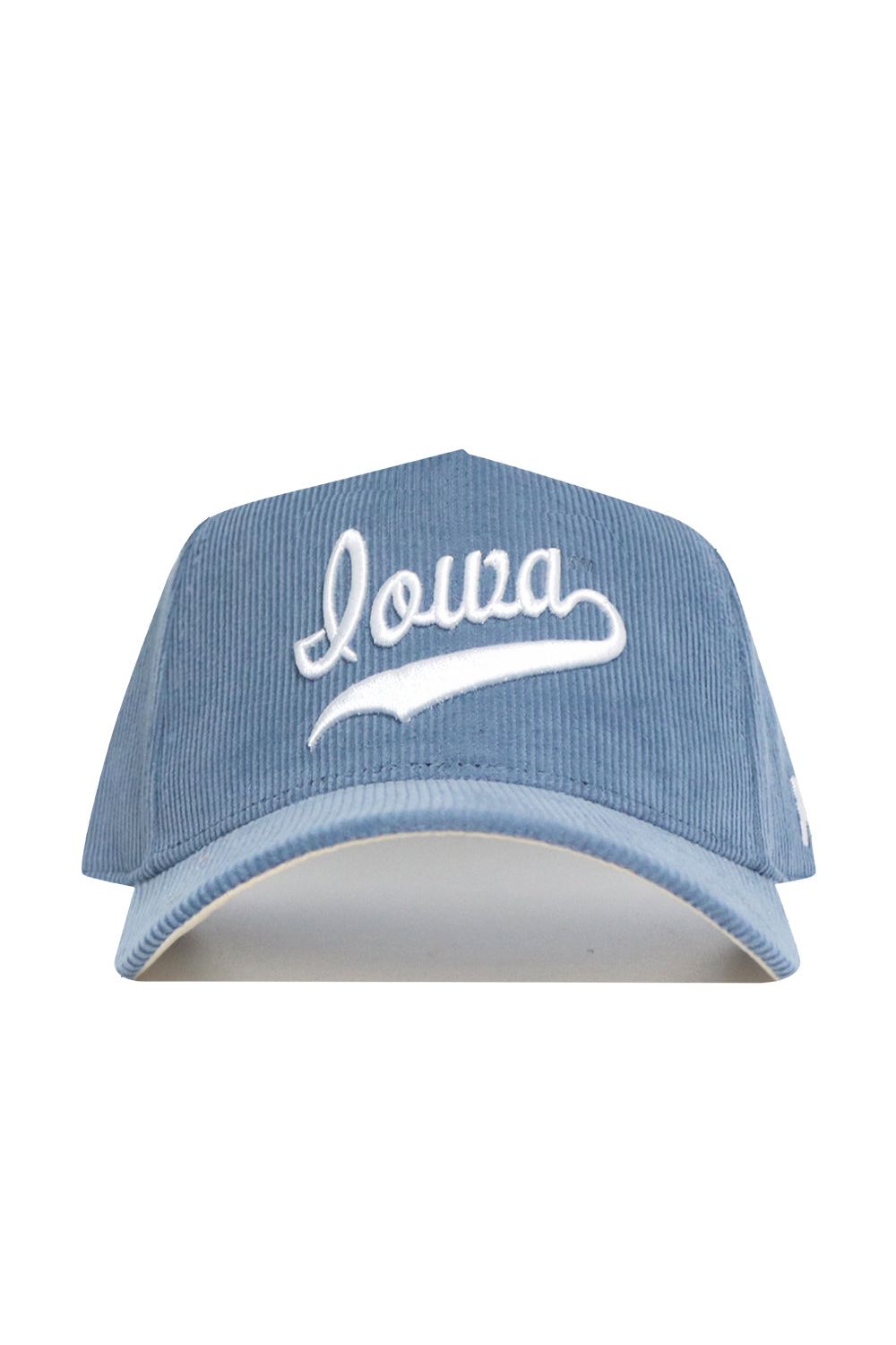 The No Rivals Iowa Corduroy Hat - Structured - Sky Blue (B2B) features "Iowa" embroidered in white script on the front of a light blue corduroy snapback, shown from the front against a white background.