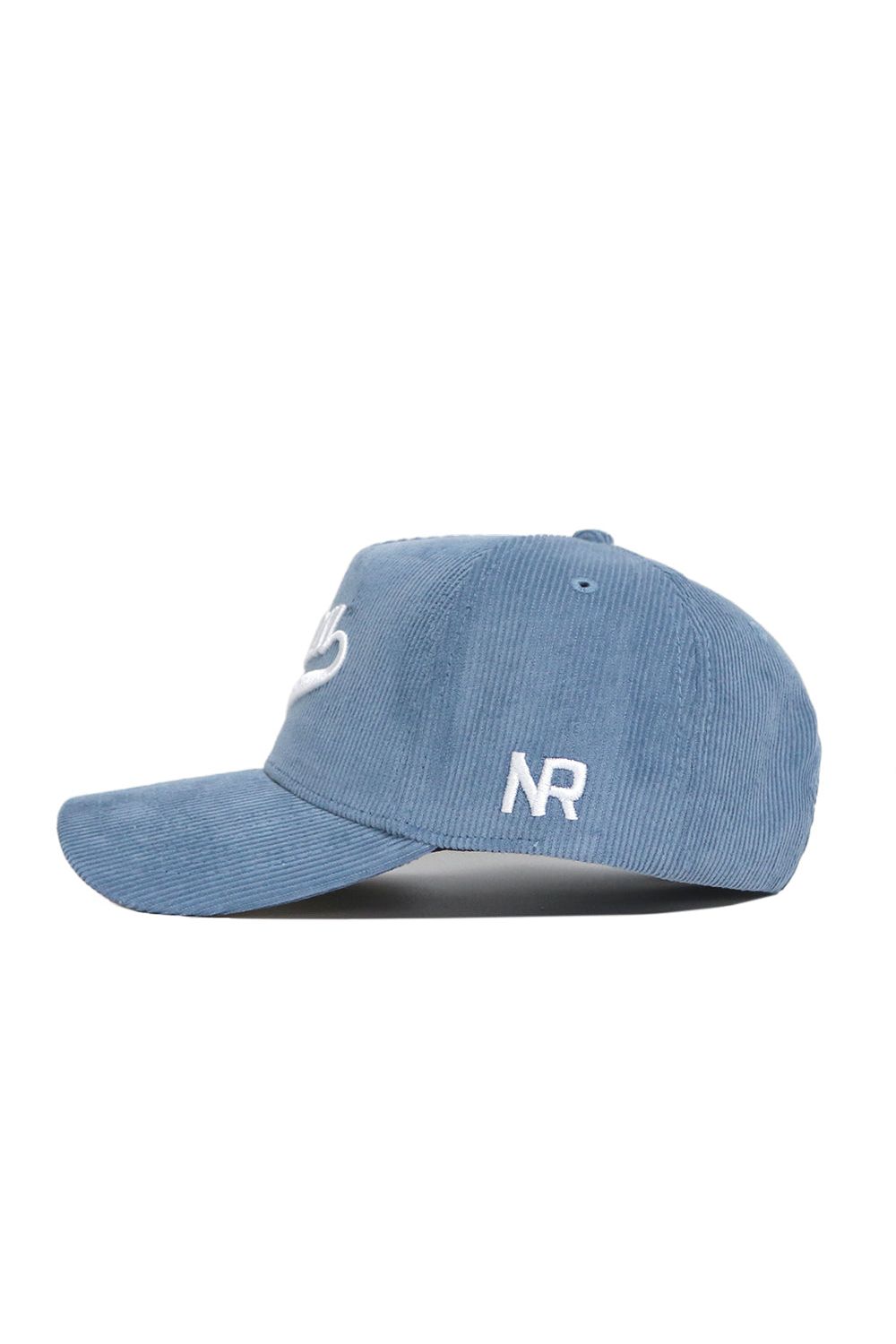The No Rivals Iowa Corduroy Hat - Structured - Sky Blue (B2B) is a light blue snapback baseball cap with white NR embroidery on the side and a curved brim, shown from a side profile against a white background.
