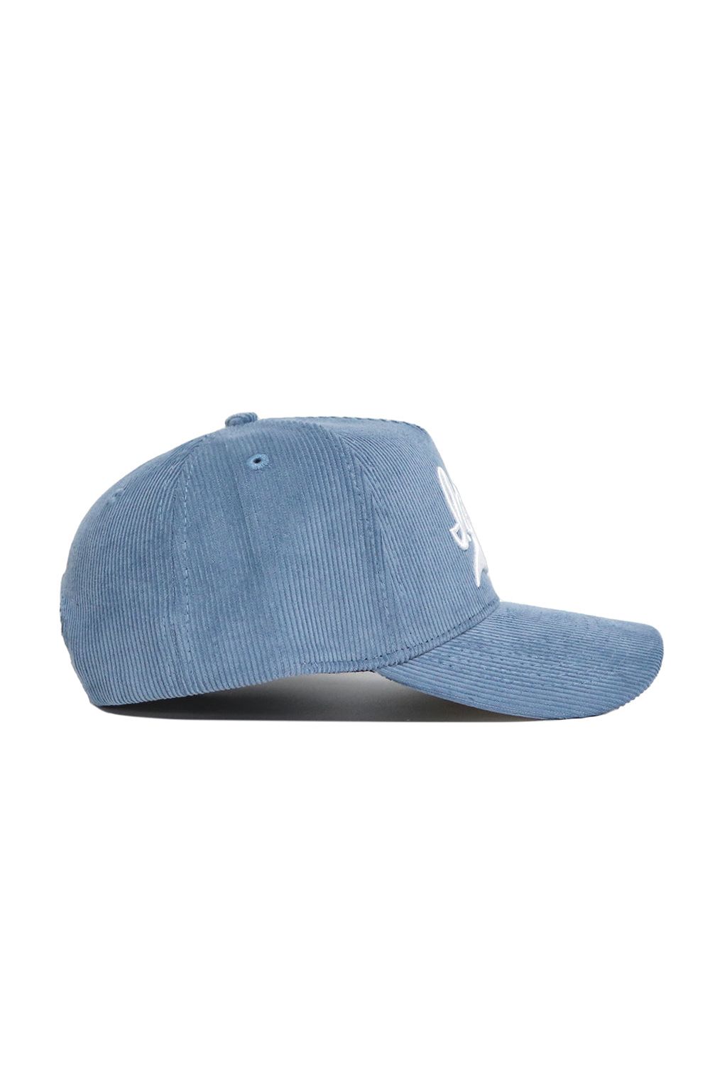 The No Rivals Iowa Corduroy Hat - Structured - Sky Blue (B2B) is shown from the side, featuring a structured fit, curved brim, and partially visible white embroidery on the front.